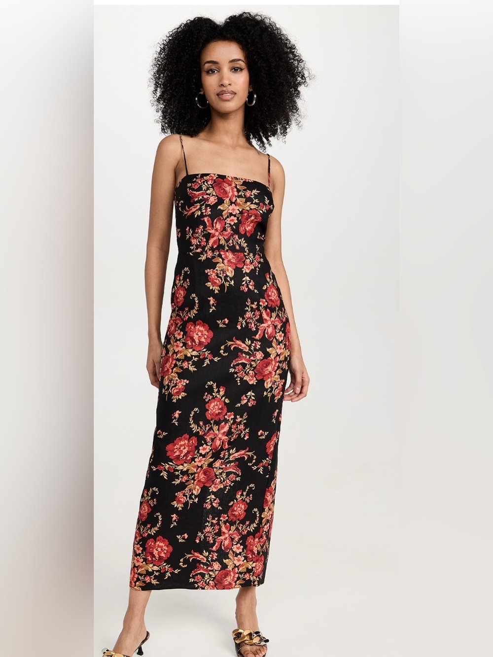 Reformation Black Midi Dress with Red Floral Print - Picture 2 of 10